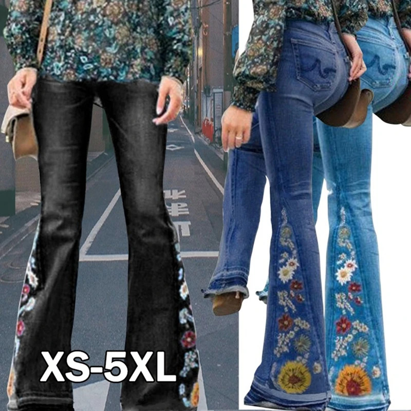 

Embroidery Floral High Waist Flare Jeans Women 2020 Fashion Skinny Trousers Washed Denim Jeans Bleached Pants Plus Size XS-5XL