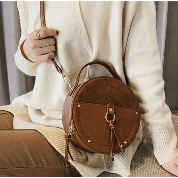 

2020 New Vintage Small Round Bag Scrub PU Leather Handbag for Women Fashion Simple Black Shoulder Messenger Bag Ladies Mini Tote