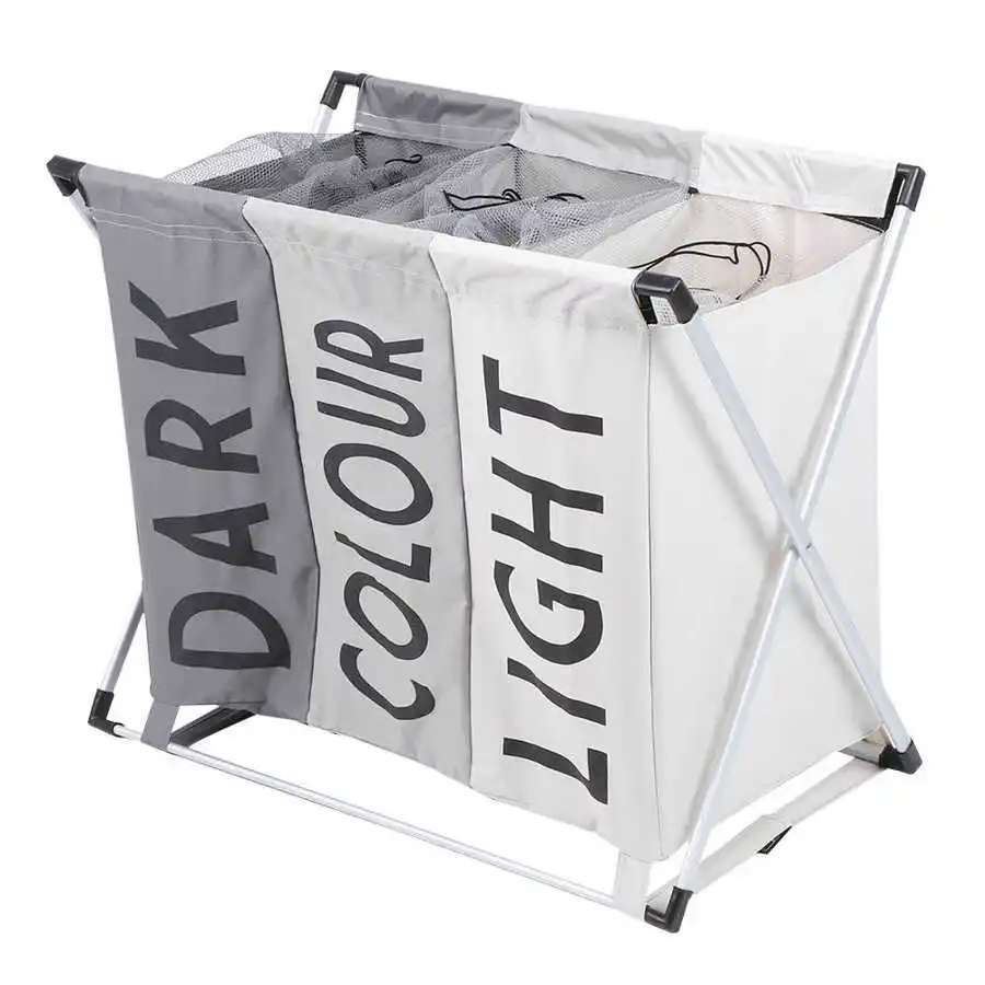 Laundry Sorter Household Waterproof Foldable 3 Sections Laundry Basket