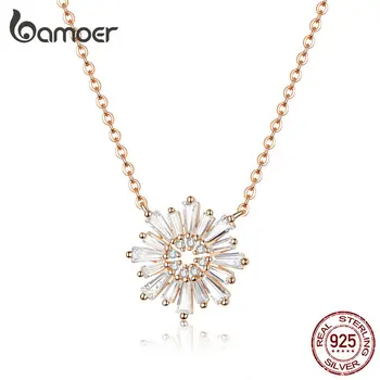 

bamoer Radiant Sun Flower Short Necklaces for Women Clear CZ Rose Gold Color 925 Sterling Silver Engagement Jewelry BSN117