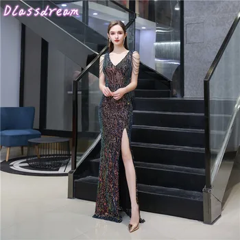

Colorfule Sequins Prom Dress Sexy Split Mermaid Sleeves Beading Deep V-neck Floor Length Evening Dresses коктейльные платья