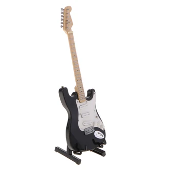 

17cm Simulation Mini Electric Guitar with Holder Model Black Music Room Items Decor Dollhouse Miniature Guitar Toy