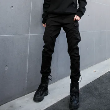 

[] High Elastic Waist Black Long Pocket Split Trousers New Loose Fit Cargo Pants Women Fashion Tide Spring Autumn 2020 1M689