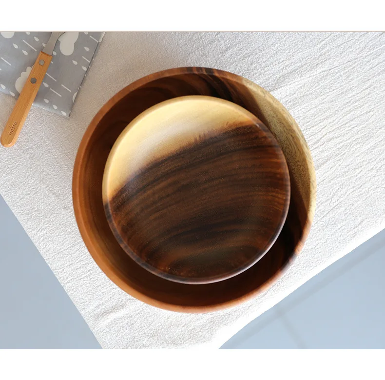 Japanese-style flat-bottomed Acacia wooden bowl, wooden hotel restaurant kitchen tableware, salad bowl, whole wooden soup bowl Japanese-style flat-bottomed Acacia wooden bowl, wooden hotel restaurant kitchen tableware, salad bowl, whole wooden soup bowl