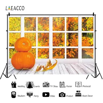 

Laeacco Autumn Scenery Window Maple Trees Pumpkin Photography Backgrounds Baby Birthday Portrait Photo Backgrounds Photophone