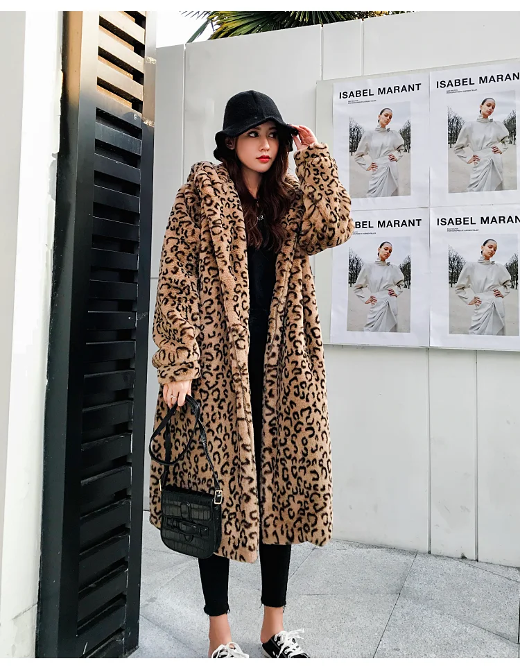 Зимнее Новое меховое пальто для женщин с леопардовым капюшоном, длинное пальто выше колена, имитация меха норки, свободная куртка, Женское пальто для отдыха с леопардовым принтом