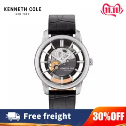 Kenneth Cole Mens часы Авто Механические серебро черный кожаный ремешок с пряжкой открытые Роскошные брендовые водонепроницаемые часы KC15116001