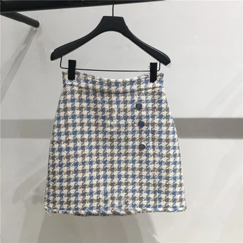 

New Fashion Houndstooth Plaid Blue tweed Women Mini Skirt Spring Summer A-line Short Skirts