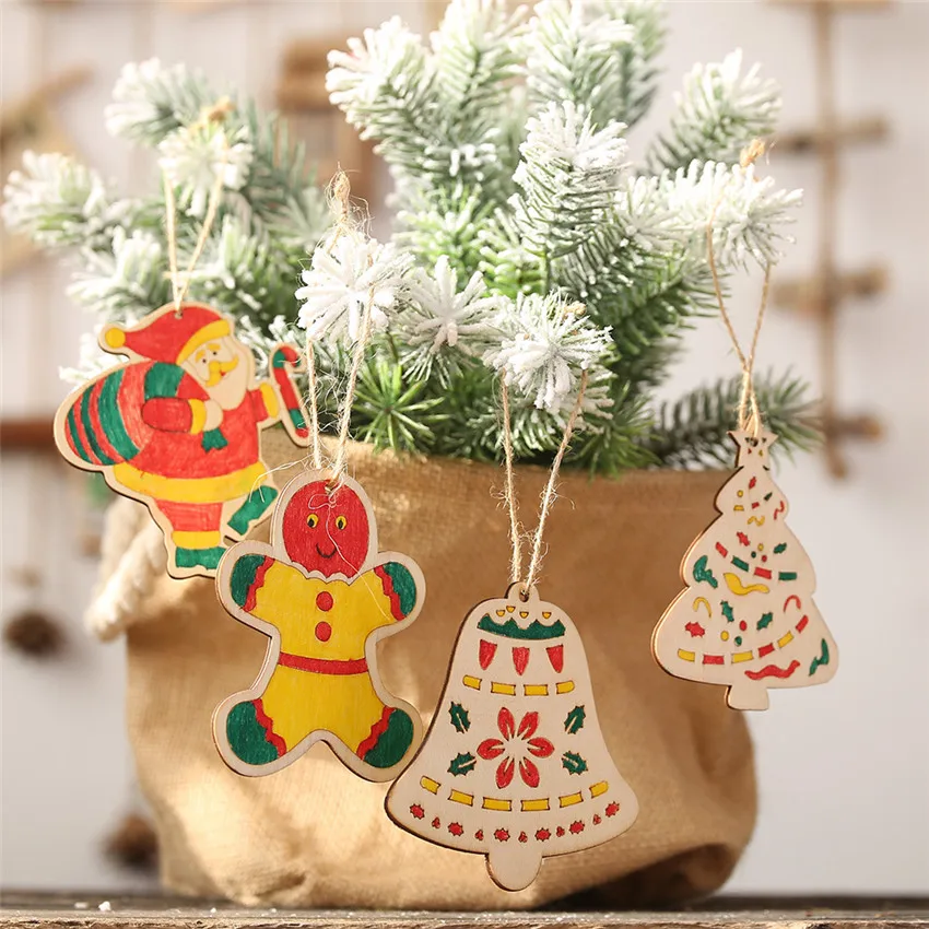 5pcs Wooden Kids DIY Color Painting Christmas Ornaments Cute Santa Claus Graffiti Art Crafts Toys Pendants Xmas Tree Decoration