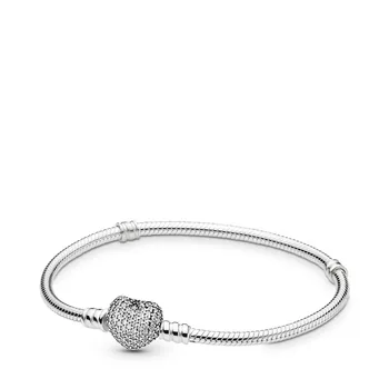 

S925 Silver Color Pave zircon heart shape buckle Snake chain DIY bead Bracelet Fit original pandora charm Women Bracelet Jewelry