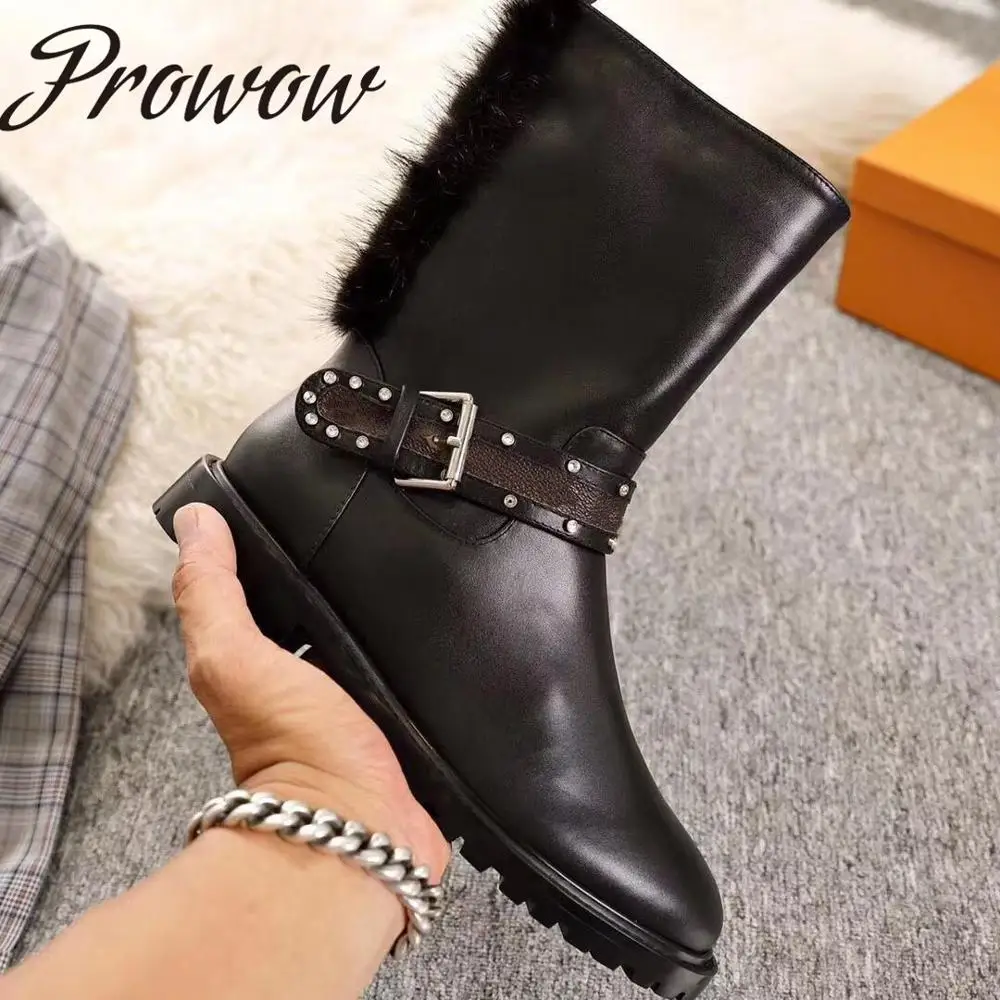 

Prowow New Genuine Leather Luxury Brand Printed Floral Autumn WInter Boots Round Toe Metal Studded Low Heel Mid Calf Boots Women