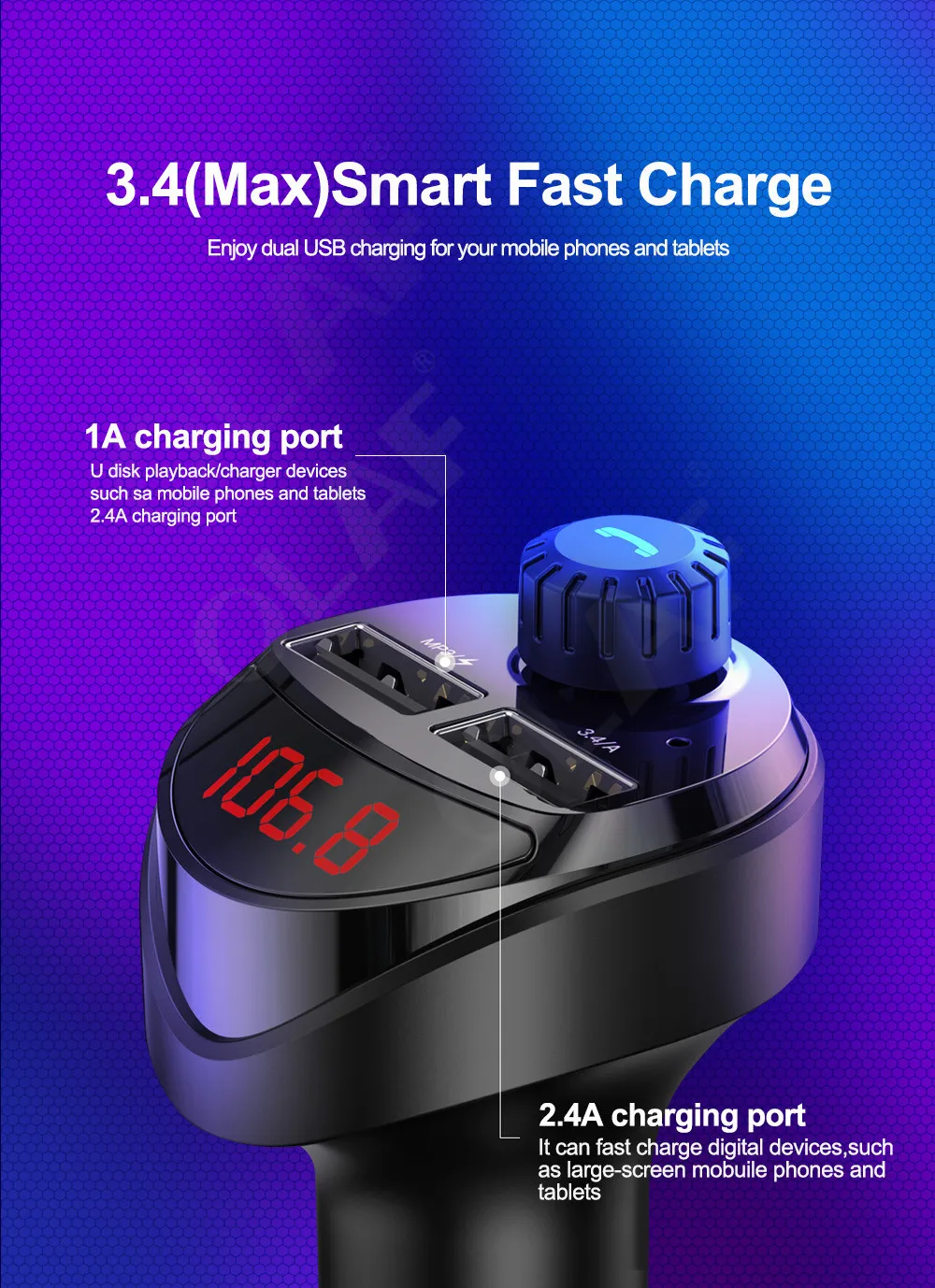 Olaf Bluetooth автомобильное зарядное устройство с fm-передатчиком 3.4A быстрое двойное USB зарядное устройство аудио MP3 плеер TF карта Автомобильный комплект Автомобильное зарядное устройство для телефона