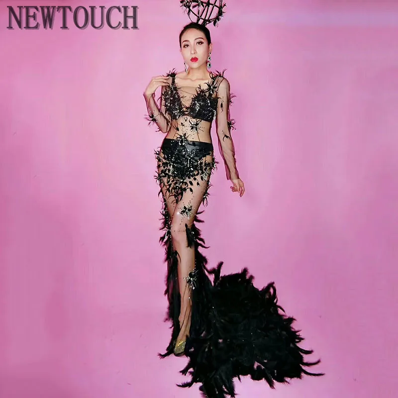 Fashion Design Black Flowers See Through Long Dress 3D Pattern Mesh Stretch Birthday Party Dress Women Singer Performance Costum
