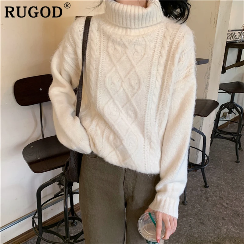 RUGOD винтажный однотонный витой свитер с высоким воротом, женский элегантный длинный рукав, Осень-зима, теплый вязаный пуловер, женская одежда