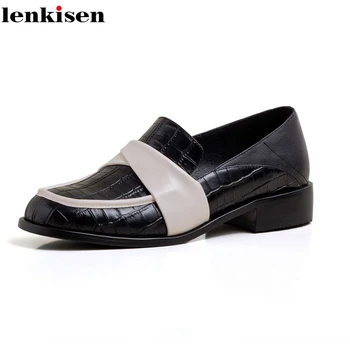 

Lenkisen new british school genuine leather mixed cloth stone pattern square toe low heel slip on covenient daily wear pumps L10