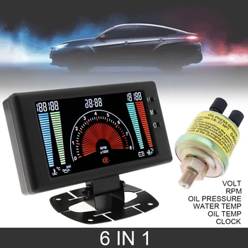 

5 Inch 6 in 1 Multifunction Car Digital LCD Gauge Oil Pressure Gauge+Voltmeter+Water Temp Gauge+Fuel Temperature Gauge+RPM+Clock