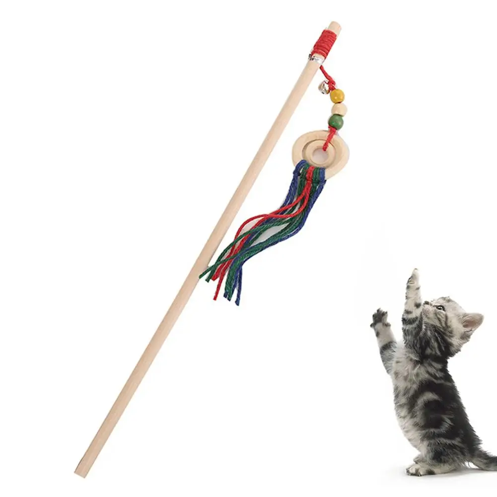 

Pet Cats Kitten Wood Bead Ring Rope Bell Teaser Play Stick Rod Wand Bite Toy
