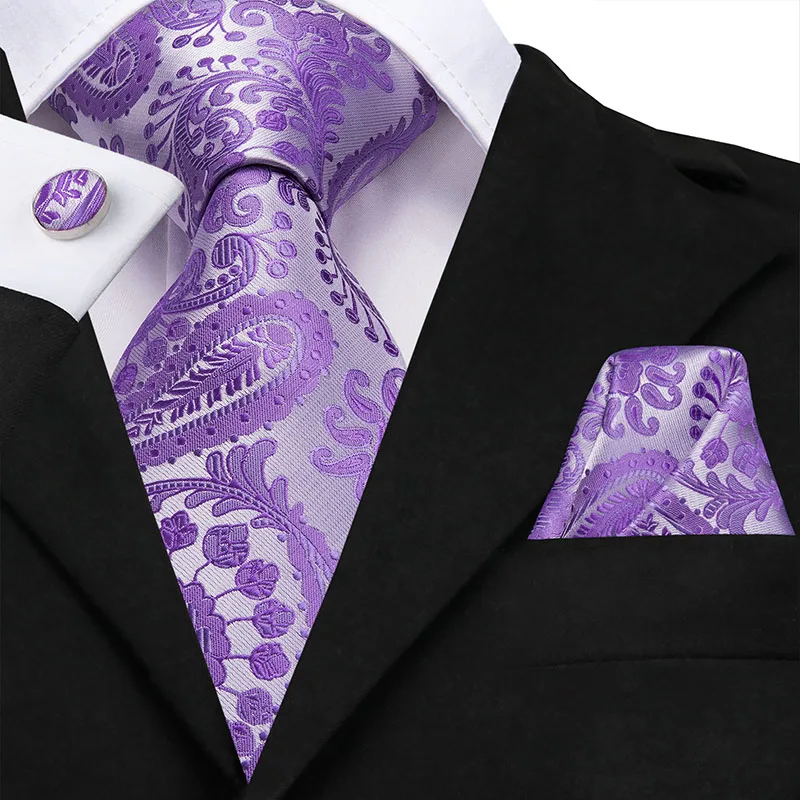 

Hi-Tie 100% Silk Purple Ties For Men 8.5cm Hanky Cufflinks Set Men's Tie Paisley Designer Wedding Fashion Plaid Pattern Necktie