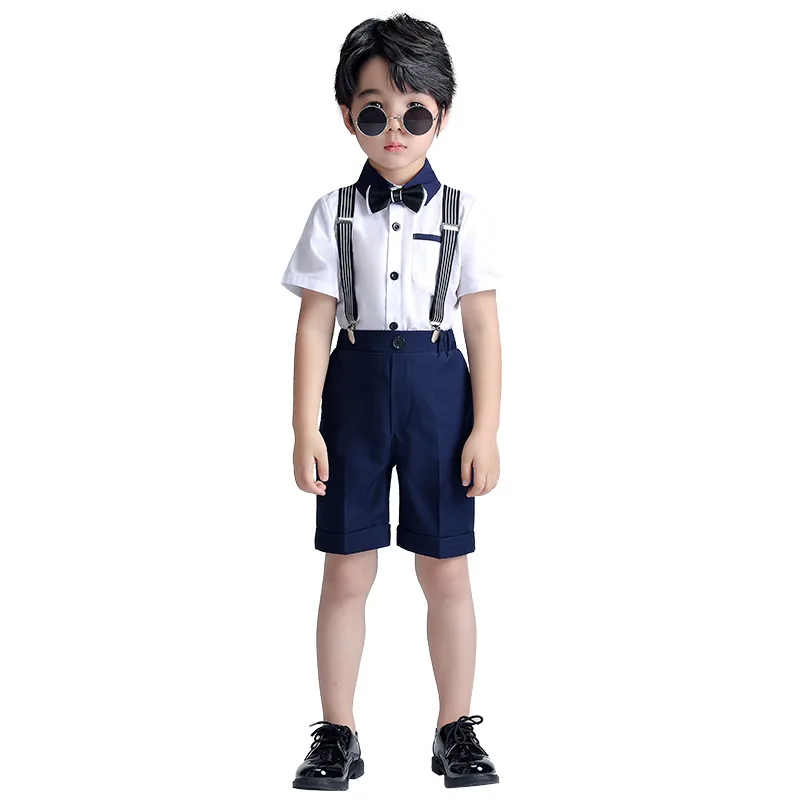 

Kindergarten Kids Prom Dress Boys Summer T Shirt +Shorts+Suspender+Tie 4PCS Clothing Set Children Chorus Costume Photograph Suit
