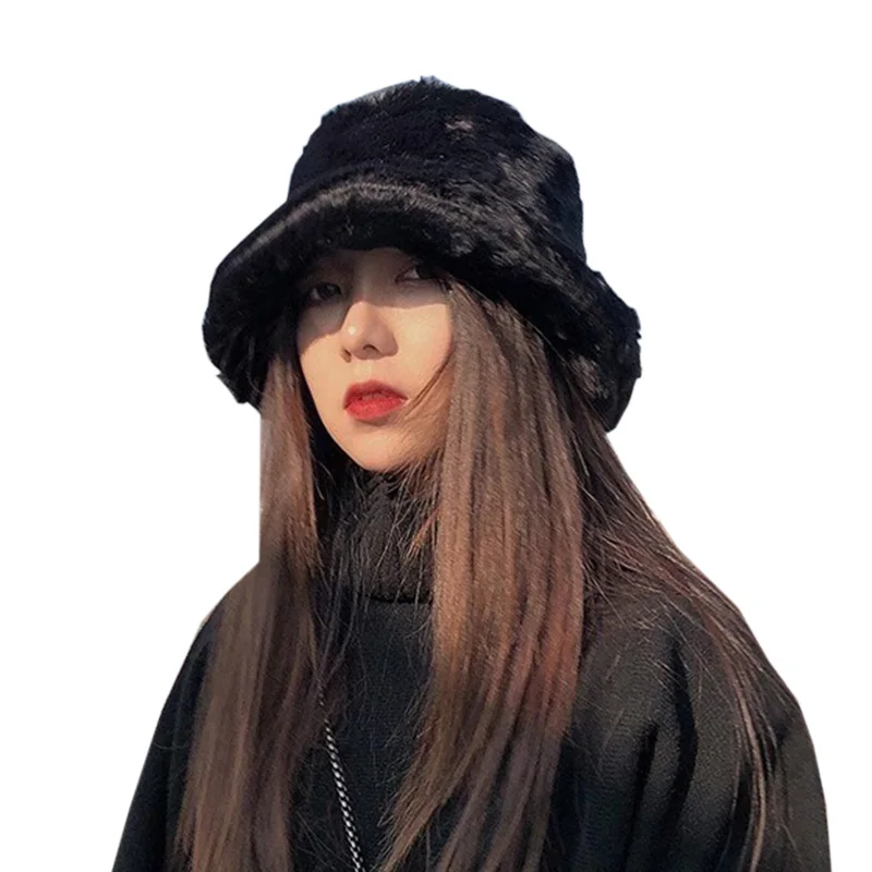 

2020 New Korean Fisherman Hat Winter Faux Fur White Black Bucket Hat For Women Men Panama Fishing Cap bob chapeau