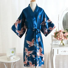 Голубое женское длинное свадебное платье Ночная рубашка с принтом кран атласное кимоно с v-образным вырезом банный халат домашняя сексуальная одежда интимное нижнее белье