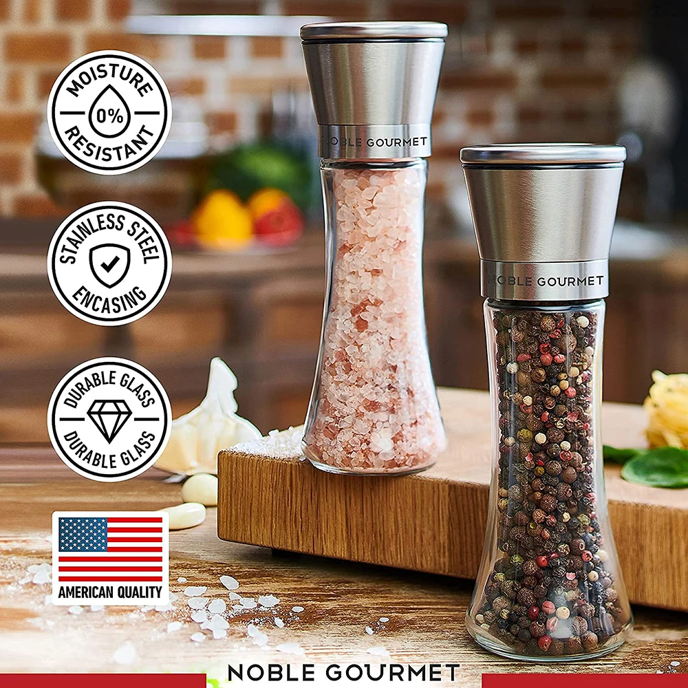 Nogis Premium Stainless Steel Salt and Pepper Grinder Set of 2 - Adjustable  Ceramic Sea Salt Grinder & Pepper Grinder - Tall Glass Salt and Pepper