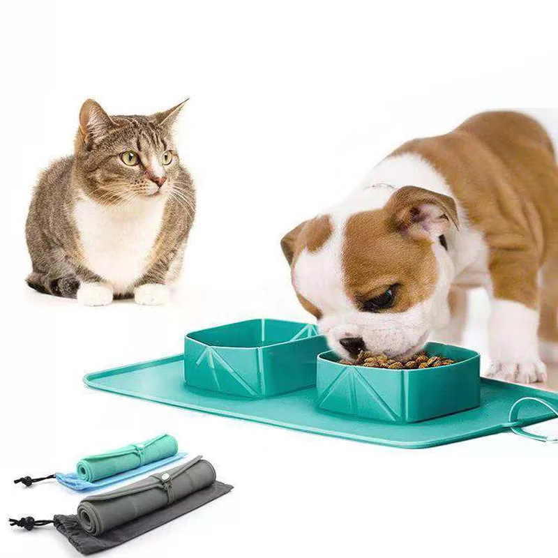 CONG FEE Pet Dog Food Water Double Bowl Travel Collapsible Silicone Non-Skid Mat Dish Cup