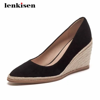 

Lenkisen hot simple style sheep suede brand wedges handmade pointed toe high heel slip on pretty girls superstar women pumps L80
