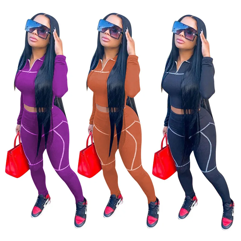 

2020 New Women Two Piece Set Zipper Crop Tops and Pants Hip Hop Club Outfit Panelled 2 Piece Set Tracksuit Women Joggers Suit