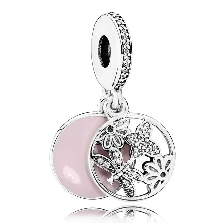 

925 Sterling Silver Bead Charm Pink Enamel Openwork Springtime Pendant Beads fit Lady BraceletNecklace DIY Jewelry