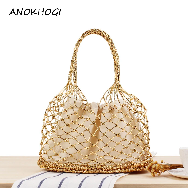 

Golden Silvery Wire Checkered Women Tote Bags Crochet Beach Holiday Handbags Square Woven Ladies Hollow Straw Bag B467