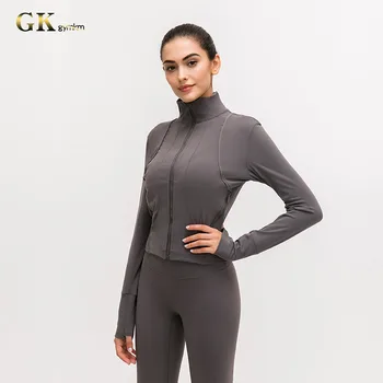 

Gymkm Women High Stretch Sport Coat Workout Fitness Sport Jacket Breathable Running Sweatshirt Lady Nylon Training Yoga Top Shir