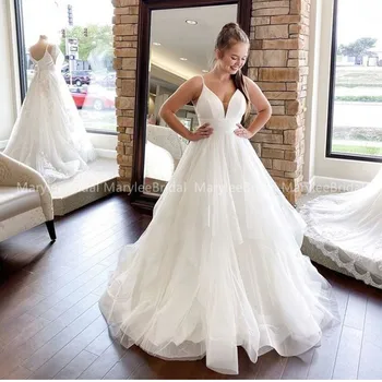 

Spaghetti Straps White Ivory Wedding Dresses 2020 New Tiered Skirt Tulle Bridal Gowns Floor Length Custom Vestido De Casamento