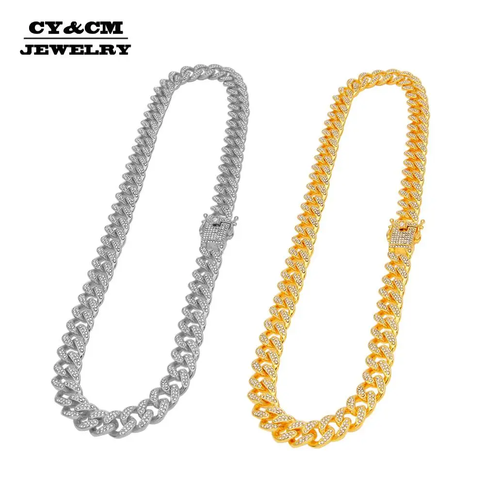 12 мм Iced Out Bling Полный кубические цирконы, стразы, Кристалл Майами КУБИНСКИЙ звено цепи для мужчин золото тяжелый хип хоп цепочки и Ожерелья