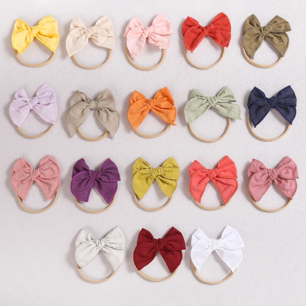 36pc/lot 3.6inch Embroidery Hair Bow Headband Baby Girls Solid Bow Hair Clips Nylon Headbands Newborn Curled Edge Bow Hairpins 40pc lot new 5 4inch fable bow hair clips baby muslin cotton hair bow hairpins girls hair bow kids knotbow barrettes curled edge