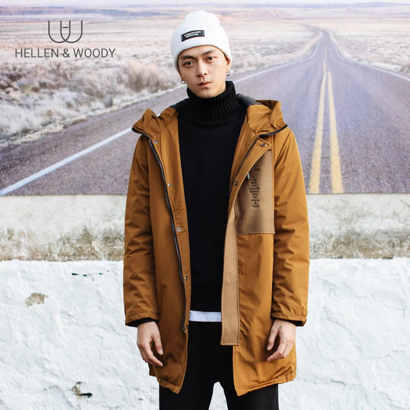 

HW Autumn Winter Mens Hooded Tooling Jacket Male Overcoat Casual Solid Slim Collar Coats Long Cotton Clothing