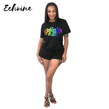 

Echoine Black Casual Summer Clothes Short Sleeve Rainbow Letters Print T Shirt Top Shorts Two Piece Set Sports Outfits For Women