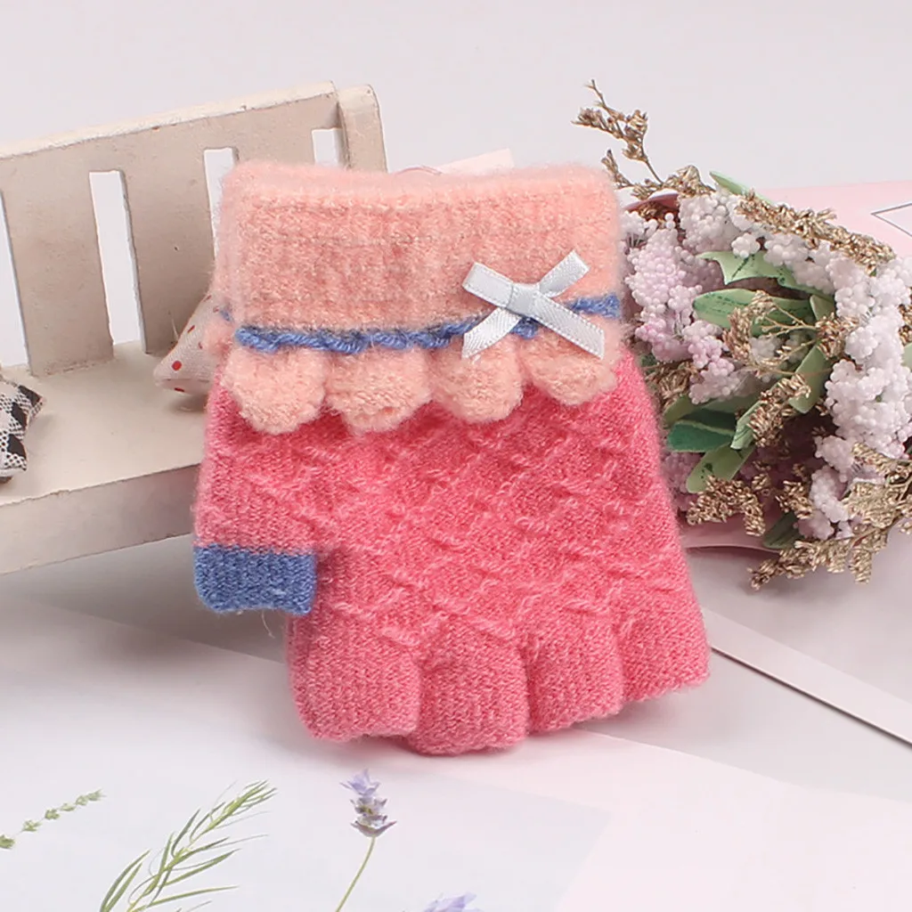 Pink Зимние перчатки без пальцев унисекс; коллекция года; Модный вязаный с бантом в стиле пэчворк; Теплые повседневные детские перчатки; зимние перчатки; Guantes Mujer - Цвет: Pink