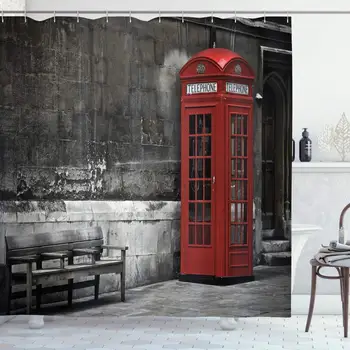 

London Shower Curtain, Famous British Phone Boot in London Streets Important of Town Urban Life Photo, Cloth Fabric Bathroom