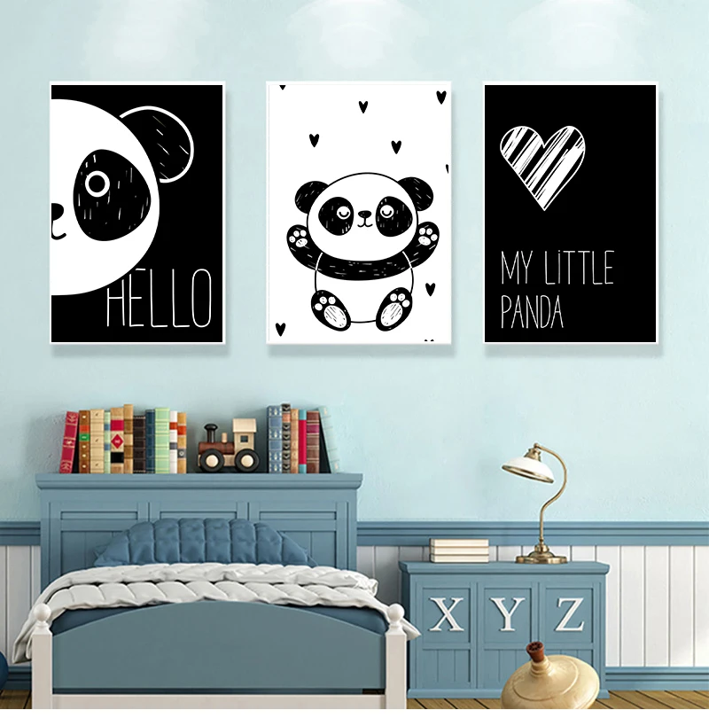 Black White Cartoon Nordic Posters And Prints Canvas Picture Kids Baby Room Bedroom Decor Lovely Panda Wall Art Canvas Painting