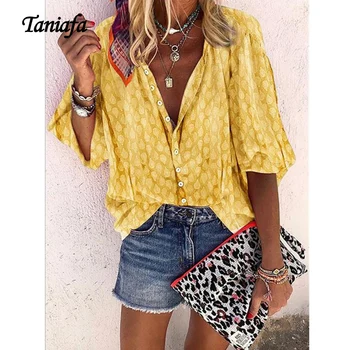 

Taniafa New Fashion Women V Neck Shirts Causal Loose Print Button Blouse Fancy Tops Large Size