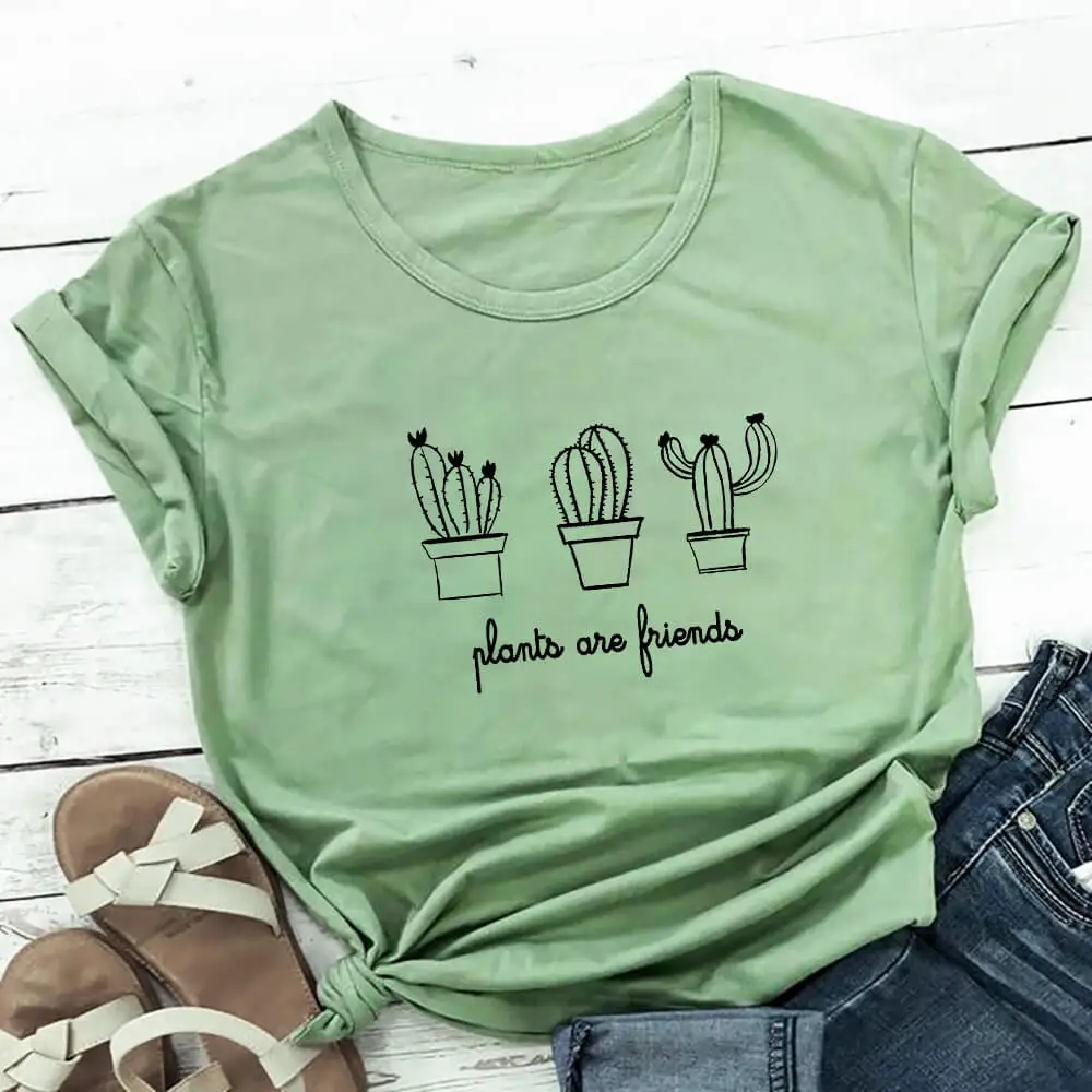 

Plants Are Friends Cactus Graphic Print 100%Cotton Women Tshirt Unisex Nature Funny Summer Casual Short Sleeve Top Eco Life Tee