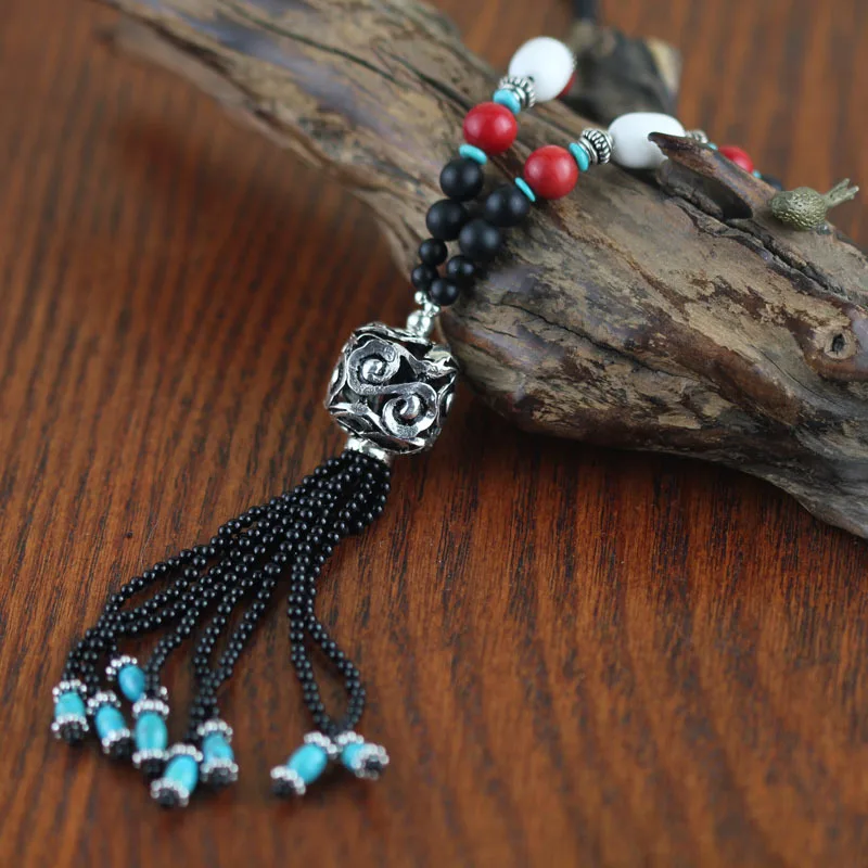 Acecare S925 Sterling Silver Necklace Wholesale Handmade Beaded Design Sweater Chain Ethnic Wind Agate Turquoise