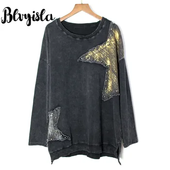 

Blvyisla Star patchwork Loose T-shirt 2019 Spring Long Sleeve Retro Gothic Pullover Women Steam Punk Rock Streetwear Tee
