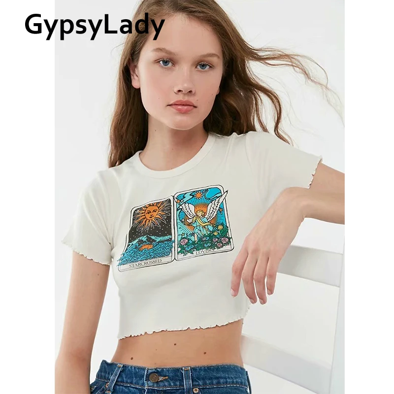 Gypsylady White Cropped Graphic Tee 2020 Tarot Card Short Tshirt Lettuce Hem Sexy Summer T-shirt for Girls O-Neck Tees Pullovers | Женская