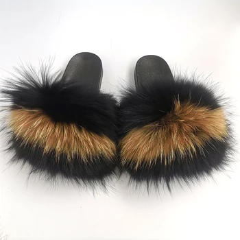 

Designer Slides Genuine Fox Fur Sandals Real Raccoon Fur Sliders Warm Winter Fall Indoor Fluffy Slippers Womens And Ladies