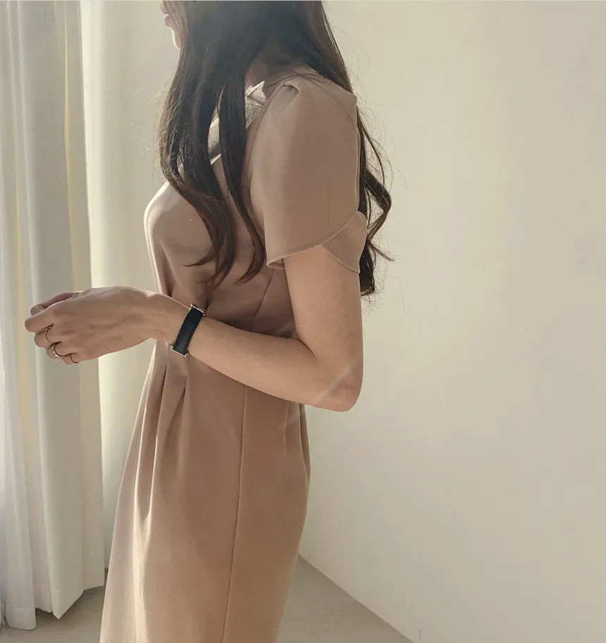 Woherb Korean Chic Women Dress Short Sleeve Casual V-Neck Elegant Office Lady Dresses 2020 New Slim Waist Robe Vestidos Mujer