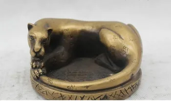 

3"Chinese Folk Pure Bronze Lucky excellent Lifelike leopard ashtray Statue