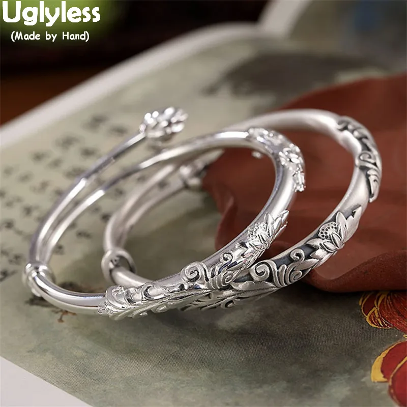 US $53.23 Uglyless 100 Real 999 Pure Silver Bangles for Women Thai Silver Lotus Bangle Adjustable Pushpull Retro Jewelry Handmade Bijoux