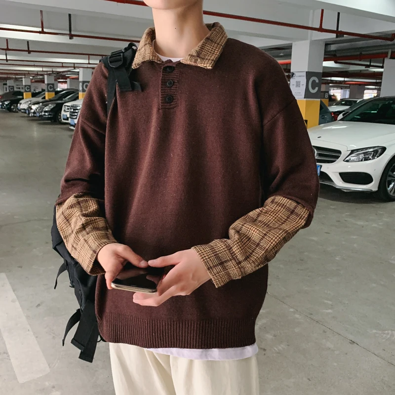 Winter Polo Sweater Men Warm Fashion Plaid Stitching Casual Lapel Pullover Men Sweter Clothes Loose Long-sleeved Sweater Man